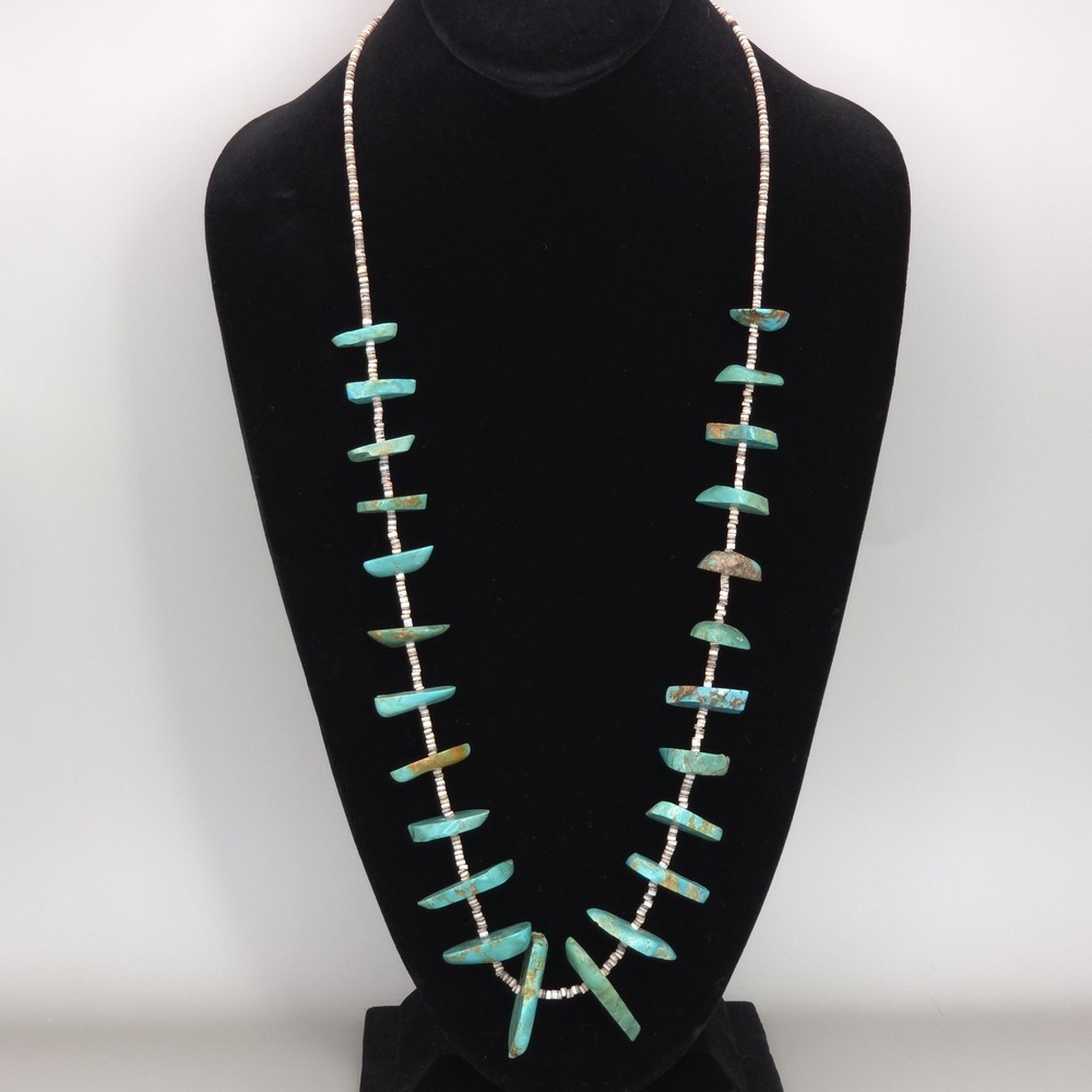 Santo Domingo Heishi Necklace Sterling Graduating Royston Turquoise Nugget 30" - Picture 2 of 16